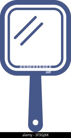 Modern blue hand mirror with a rounded square frame double border diagonal shine marks and a straight handle Stock Vector