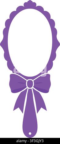Decorative purple hand mirror featuring an oval reflective center scalloped outer frame and a large ribbon bow above the handle Stock Vector
