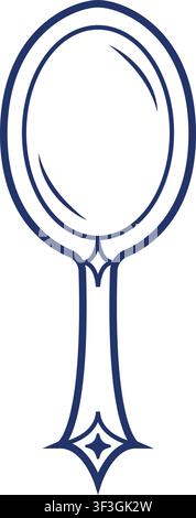 Slim dark blue hand mirror with a double oval frame curved shine line and pointed handle ending in a star ornament Stock Vector