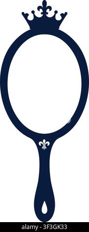 Dark navy hand mirror featuring an oval reflective center ornate crown decoration and a tapered handle with teardrop detail Stock Vector