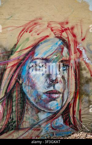 Mural graffiti of a young woman's face by Rosco graffiti on a plywood at Teufelsberg abandoned surveillance station in Berlin, Germany Stock Photo