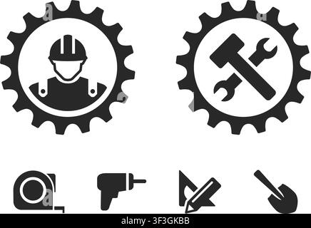 a minimal set of flat black icons representing manual labor, engineering equipment, build tools, and maintenance work. Stock Vector