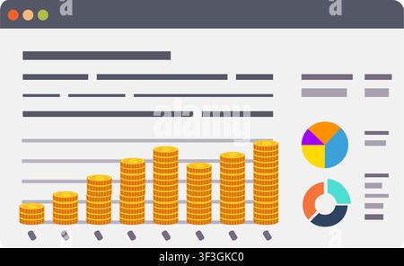 An illustrative dashboard interface displaying financial growth with stacked coin bar charts, pie charts, and data summaries. Stock Vector