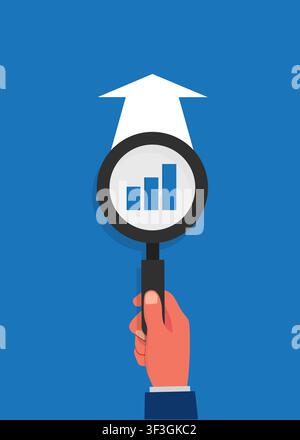 An illustration of a hand analyzing market research and tracking financial performance data to improve company strategy. Stock Vector