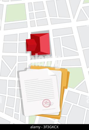 Flat vector illustration showing a house on a map with land registry, deed papers, and ownership contract documents. Stock Vector