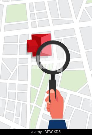 Vector illustration of a hand using a magnifying glass to locate a building on a city map for navigation and mapping. Stock Vector