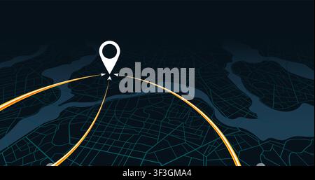 perspective map with orange light trails converging on location pin. Vector illustration. Stock Vector