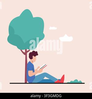 Vector illustration of a young man reading a book under a tree in a peaceful park, representing education, learning, relaxation, knowledge, and outdoo Stock Vector