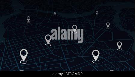 urban grid in perspective with multiple white location markers. Vector illustration. Stock Vector