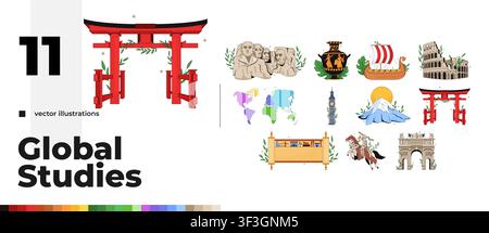 World landmarks and cultural heritage 2D vector illustration pack Stock Vector