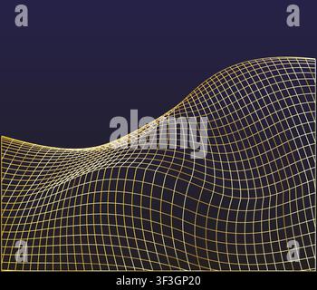 Elegant golden 3D wireframe mesh wave structure rendered over a deep dark blue abstract background. Stock Vector