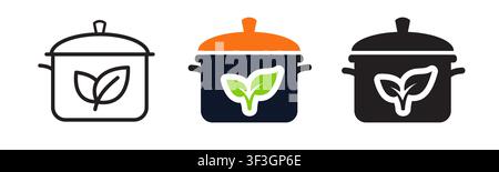 Cooking pot icon with leaf symbolizing plant-based nutrition. Food preparation pictogram for meal planning and dietary services. For cooking and Stock Vector