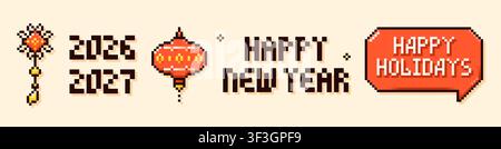 Pixel art banner with Happy New Year text, Red Chinese lantern, Happy holidays speech bubble. Stock Vector