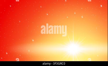 Vibrant orange and red starry sky with bright sunburst glare background Stock Vector
