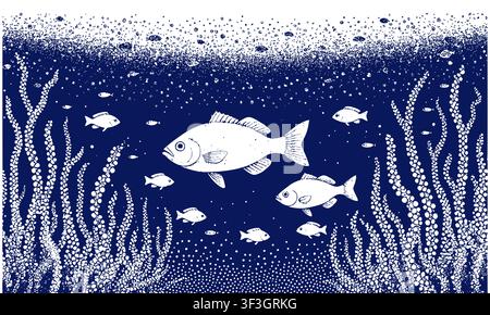 Fish in the ocean water column, sketch. Vector illustration. The drawing of the seabed with algae and corals is isolated on a white background. Seafoo Stock Vector