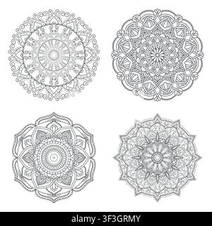 A mandala with symmetrical ornament, sketch. Vector illustration. Ыet of patterns of petals, swirls and geometric elements. For anti‑stress coloring b Stock Vector