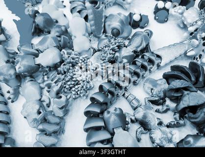 Art models printed on 3D printer. Different objects created on 3D printer from molten plastic. 3D printed different objects. Modern new modern additive progressive technologies. 3D printing technology Stock Photo