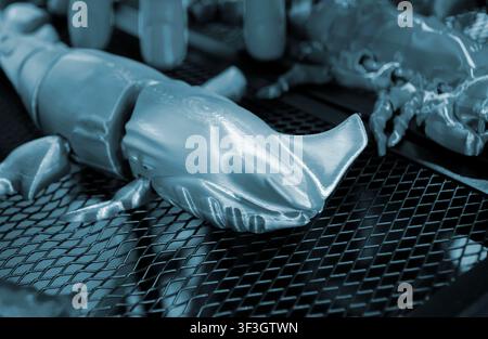 Art models printed on 3D printer. Different objects created on 3D printer from molten plastic. 3D printed different objects. Modern new modern additive progressive technologies. 3D printing technology Stock Photo