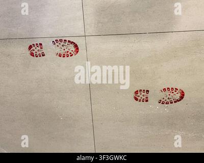 red bloody footprints on grey floor, halloween banner concept of halloween, crime, party Stock Photo