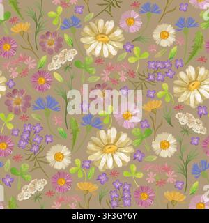 Seamless botanical handmade pattern. Illustration of a charming pressed botanical pattern, delicate watercolor flowers on a beige background. Stock Photo