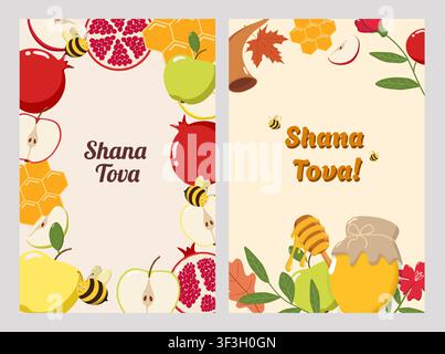 Two Rosh Hashanah greeting cards with apples, pomegranates, honey jar, bees, honeycomb, flowers Stock Vector