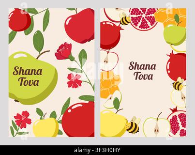 Two Rosh Hashanah greeting cards with apples, pomegranates, honeycombs, bees, and flowers on beige background Stock Vector