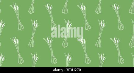 Seamless pattern with hand drawn green onions on green background. Onion stems in doodle print style. Healthy organic food. Vector graphics Stock Vector