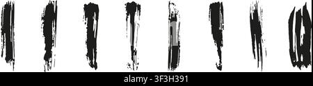 Vertical black ink brush strokes with varied textures and thickness on white background, ideal for design, calligraphy Stock Vector
