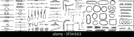 Text Dividers and Geometric Frames Doodle Set. Minimalist Page Borders, Vignette Accent Lines, Knots, and Round Circular Badges, Shapes, Curved Stock Vector