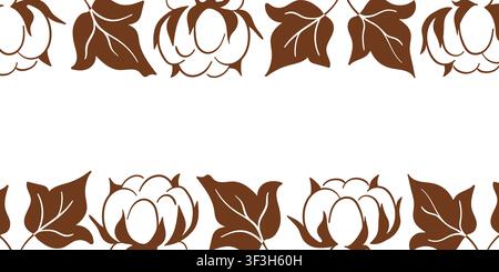 Decorative horizontal border with cotton plant flower and leaf ornament in brown line art style. Floral frame repeating element. Botanical Stock Vector