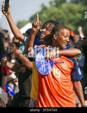 Two male soccer fans celebrate together at a game Stock Photo