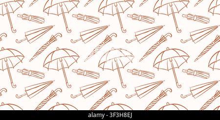Seamless autumn pattern with umbrella sketching in line art style. Weather protection and rainy accessory concept. illustration for greeting card Stock Vector