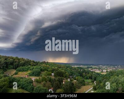 Aerial View of a Dramatic Supercell Thunderstorm Over the Plains Stock Photo
