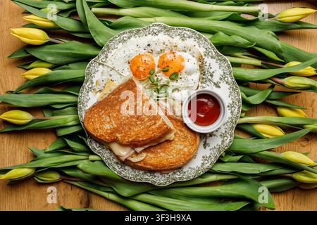 English breakfast on a vintage plate against a tulip background, isolated. Professional studio lighting. Top view. Stock Photo