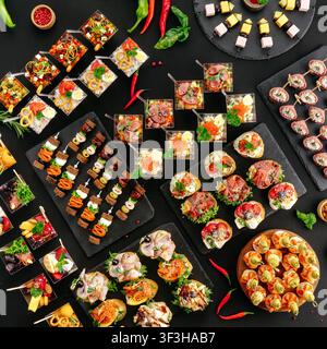Flat lay of assorted gourmet party appetizers Stock Photo