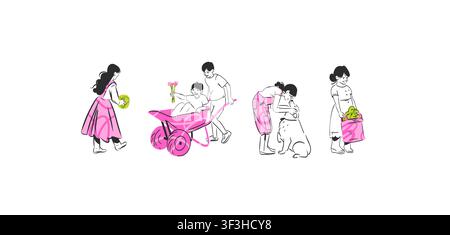 Hand drawn vector graphic sketch line illustration set with various people kid involved in gardening and watering .Gardening concept vector graphic Stock Vector