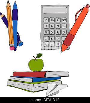 Back to school School composition set colored hand drawn illustration. Vector graphic line ink art. backpack apple books and pencil line art elements. Stock Vector