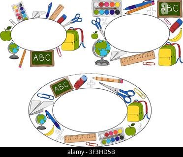 School elementary student tools frame oval set hand drawn illustration. Vector graphic line ink art template. design for fashion graphics, textile pri Stock Vector