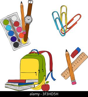 Books with bag, banana and apple School composition set colored hand drawn illustration. Vector graphic line ink art. Perfect for logo, branding, pack Stock Vector