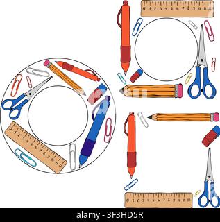 Colorful school themed School student tools frame set circle square round hand drawn illustration. Vector graphic line ink art template. educational s Stock Vector