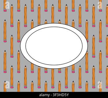 yellow Pencil School frame oval colored hand drawn illustration. Vector graphic line ink art. Perfect for logo, branding, packaging, labels, and moder Stock Vector