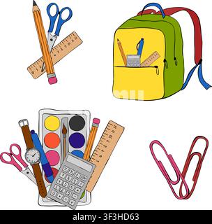 scissor and pencil and ruller School composition set colored hand drawn illustration. Vector graphic line ink art. background for banners, print for f Stock Vector