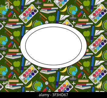 school supplies, books, and apples School frame oval colored hand drawn illustration. Vector graphic line ink art. education and learning. For logo, w Stock Vector