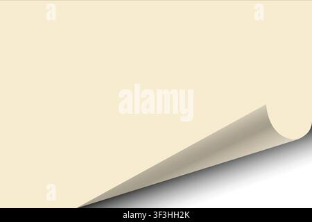 A blank cream paper sheet featuring a realistic curled bottom right corner with a soft drop shadow. This vector template provides empty copy space for Stock Vector