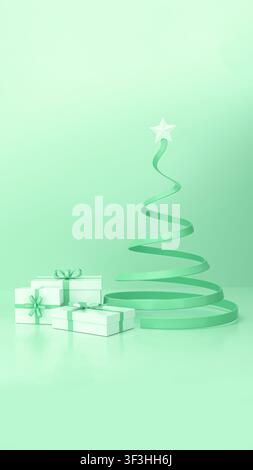 Abstract green christmas tree design with a star on top and three white gift boxes with green ribbons, symbolizing holiday celebrations Stock Photo