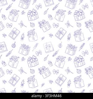 Seamless Christmas pattern with hand drawn gift boxes, bows, ornaments, candles, holly and evergreen branches Stock Vector