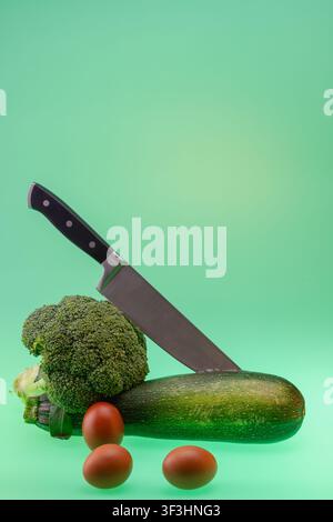 Vertical studio still life with a chef knife, broccoli, zucchini and brown eggs photographed in soft diffused light on a mint green background. The ge Stock Photo