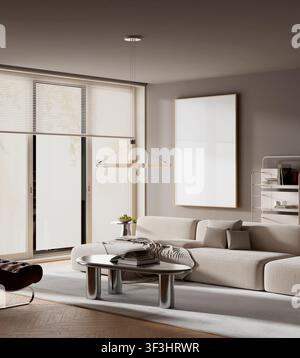 Luxury contemporary living room with a blank mock up poster frame, elegant furniture and neutral styling, perfect for artwork, branding free presentat Stock Photo