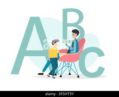 Home education. Father teaching ABC to his kid on white background, vector illustration in flat style Stock Vector