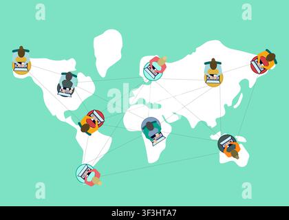 Global online community talking through laptops and world map on color background, vector illustration in flat style Stock Vector